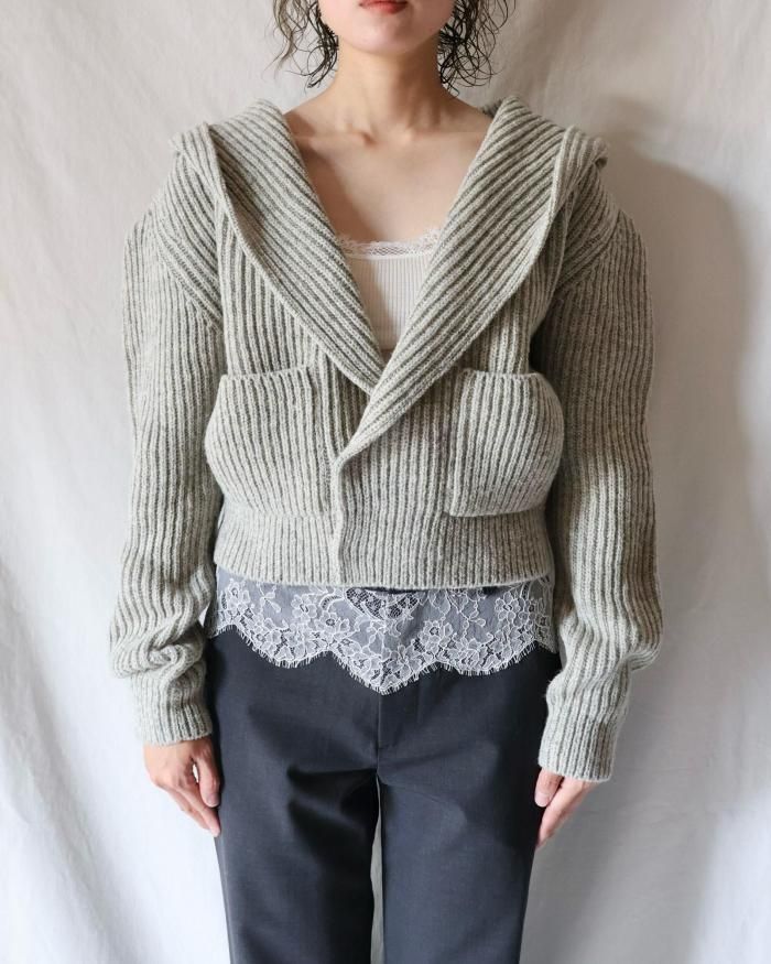 FUMIKA UCHIDA: SHETLAND RIB STITCH HOODED CARDIGAN - TOP GREY FUMIKA UCHIDA: SHETLAND RIB STITCH HOODED CARDIGAN - TOP GREY