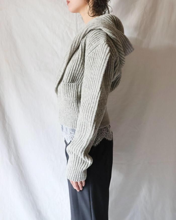 FUMIKA UCHIDA： SHETLAND RIB STITCH HOODED CARDIGAN - TOP GREY