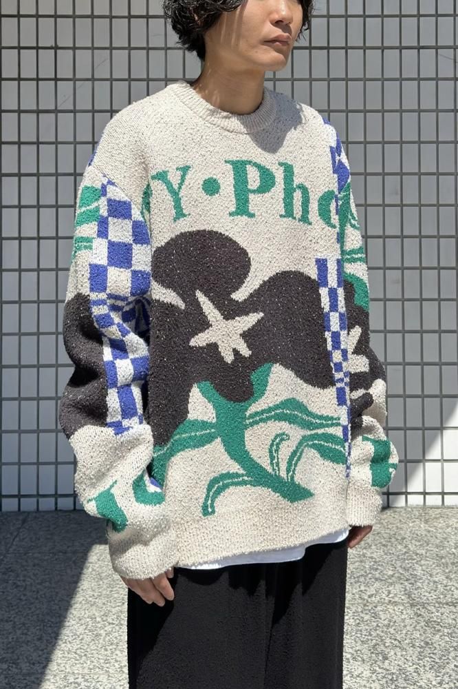 KHOKI】Intrarsia knit muffler -White Intarsia-Knit Jumper