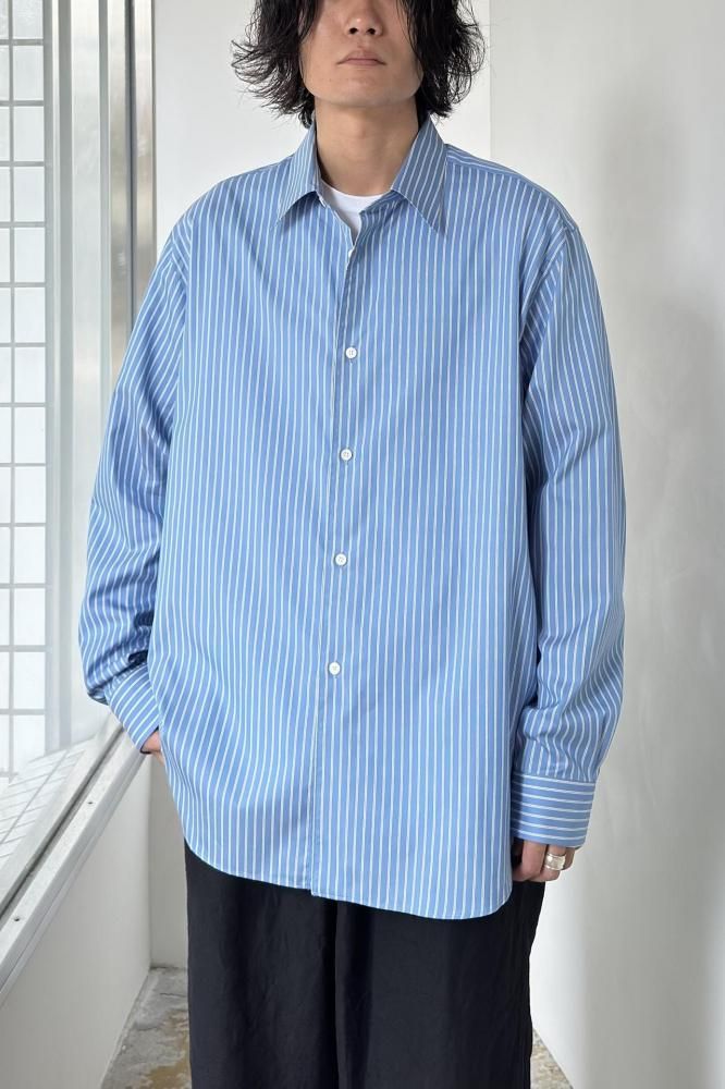 オーラリー　長袖シャツ　バンドカラー　コットンシルク　ストライプ　ブルー　1 オーラリー 長袖シャツ バンドカラー コットンシルク ストライプ