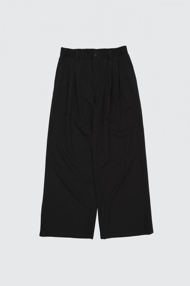 Wool Washer Twill 2pleated Wide-leg Easy Trousers(BLACK)