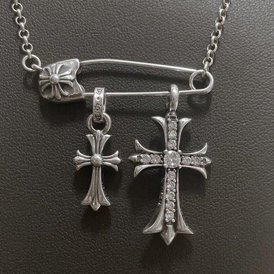 シルバー925 Wジルコニアクロス&安全ピンネックレス silver925 シルバー925 Wジルコニアクロス&安全ピンネックレス silver925