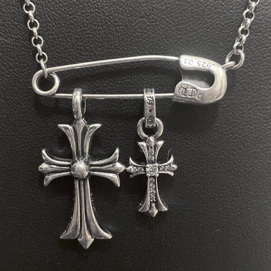 シルバーネックレス 安全ピン 十字架 シルバー925 Wジルコニアクロス＆安全ピンネックレス silver925 モード