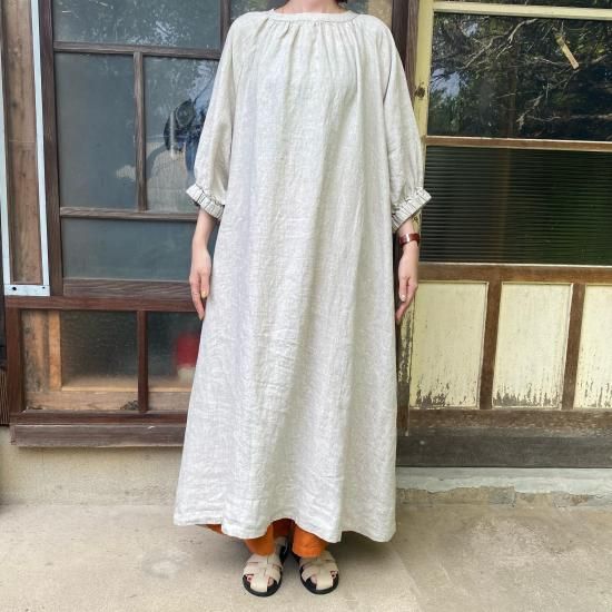 08Mab】14番手リネンお袖ゴム付きラグランスリーブワンピースー