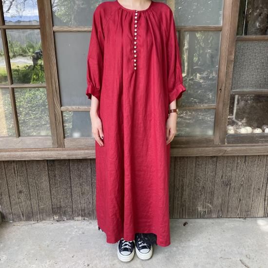 kabacoさま ワンピース 08Mab/ゼロハチマブ 多ボタンギャザーワンピース-リネン服と