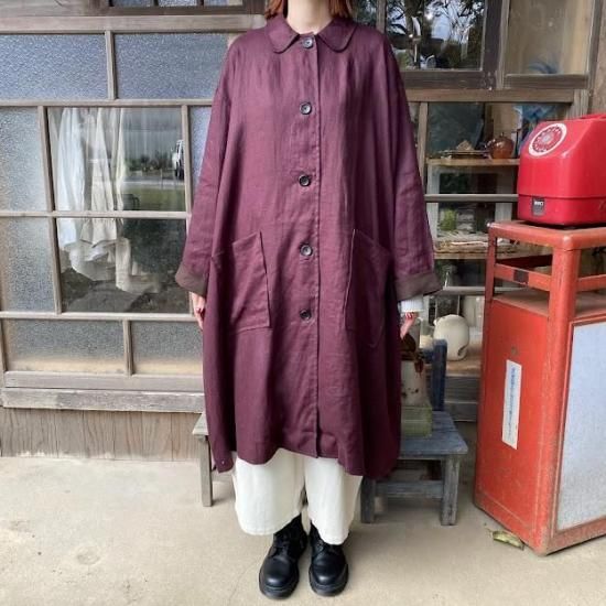 うさとの服　リネンコート　サイズ４ 麻と木と・・・オリジナル】リネン100％配色BIGコート