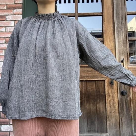 blue willow/ブルーウィロー ヘリンボーンフリル襟ブラウス-リネン服と