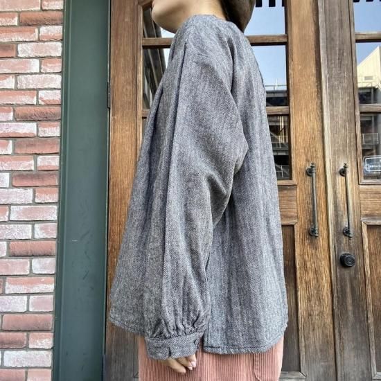 blue willow/ブルーウィロー ヘリンボーンフリル襟ブラウス-リネン服と