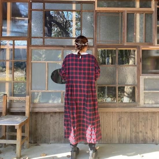 タータンチェック 大人可愛い ポワン袖 リネン長袖ロングワンピース