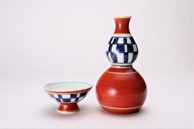☆一夢窯　市松ひさご　酒器セット(赤)