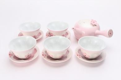 ☆田清窯　薄ピンク釉虹彩桜　茶器セット