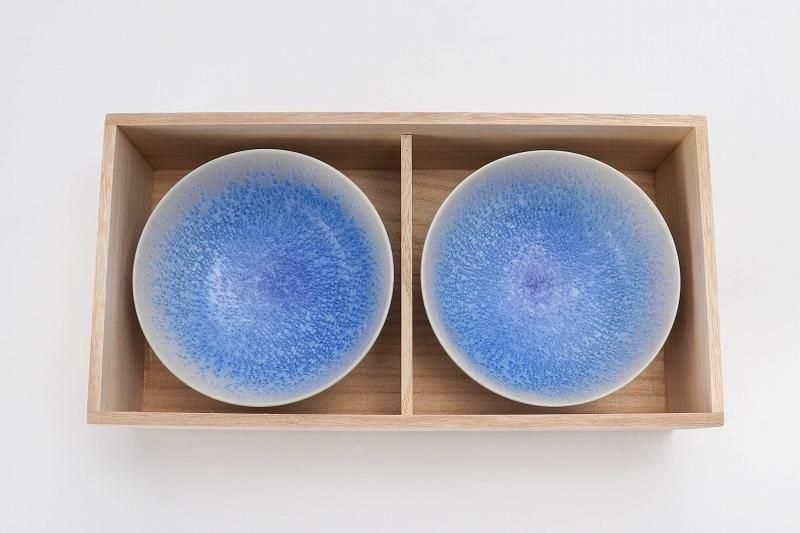 真右ｴ門窯 藍染水滴 組飯碗(木箱付)