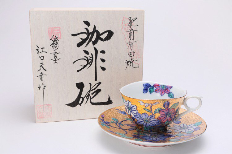 □金龍窯　金彩鉄仙花　コーヒー碗(木箱付) 画像メイン