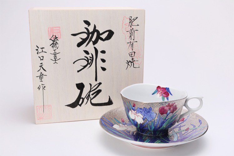 □金龍窯　プラチナ菖蒲　コーヒー碗(木箱付) 画像メイン