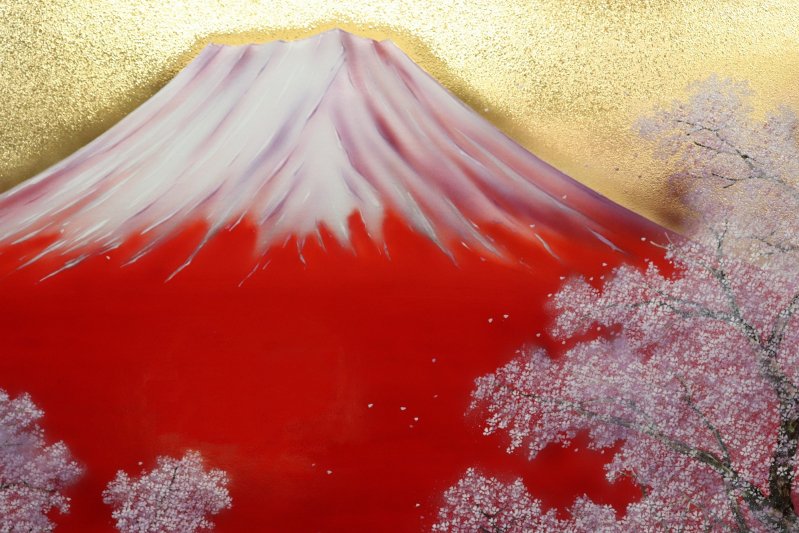 □金龍窯　赤富士桜大陶額(木台付) 画像サブ1