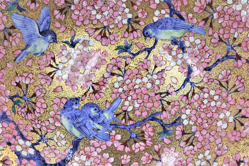 □金龍窯作　金彩桜花鳥絵飾り鉢 画像サブ1