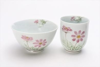 〇誕生花シリーズ　コスモス　茶碗・湯呑セット　(9月誕生花)(化粧箱入り)