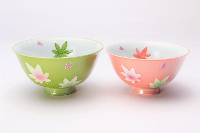 楽々シリーズ 春秋(緑・ピンク) ペア茶碗 (化粧箱入り)