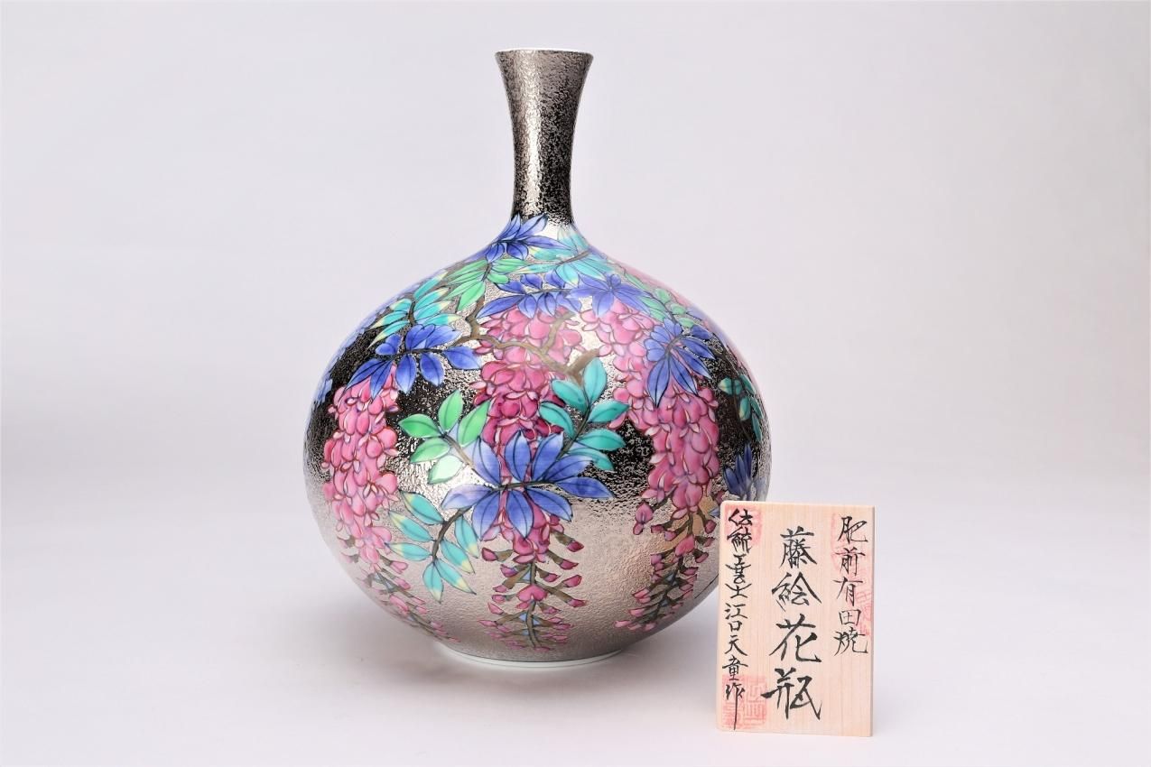 柿右衛門肥前有田焼 伝統工芸士 江口天童 作 プラチナ菖蒲花瓶 - 花瓶 ...