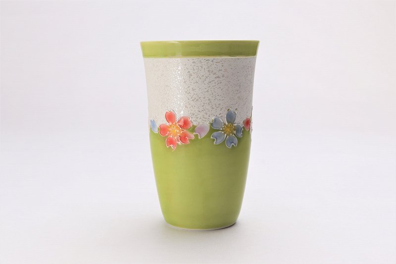 ☆楽々シリーズ　黄緑釉花つなぎラスター　フリーカップ　(化粧箱入り) 画像サブ1