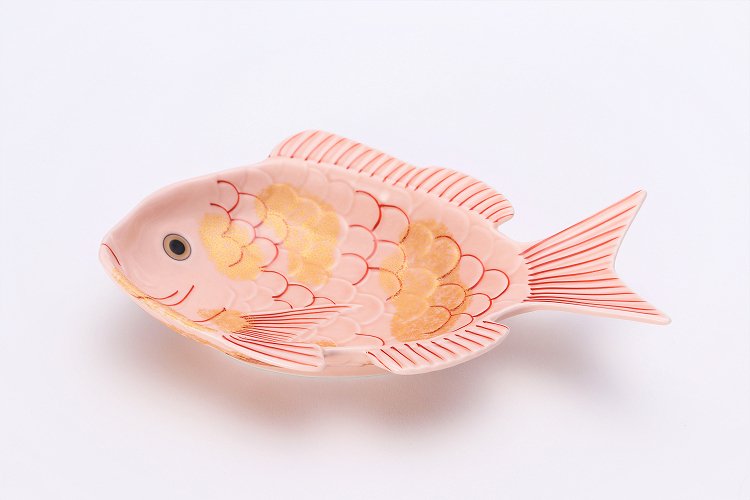 ☆幸楽窯　錦ピンク釉金たたき鯛形向付 画像メイン