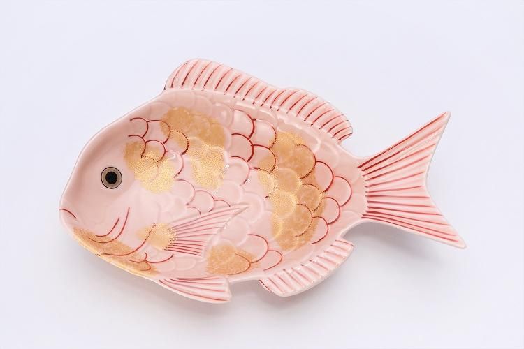 幸楽窯 錦ピンク釉金たたき鯛形向付