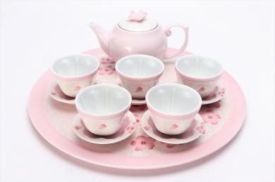 ☆田清窯　薄ピンク釉虹彩桜　茶器セット(プレート付) 