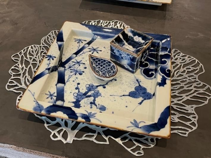 福泉窯×MARUKEIオリジナル 染付割地紋 しずく型小付