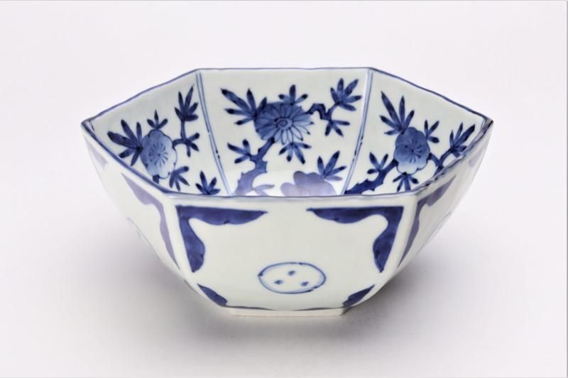 ビッグ割引 福泉窯 六角菓子鉢 染付草花紋 食器