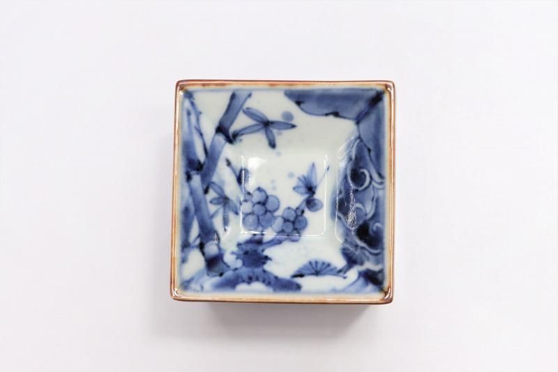 福泉窯 染付濃松竹梅 枡型蓋付飯器(小)