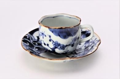 〇福泉窯　染付松竹梅　花びら型コーヒーC/S