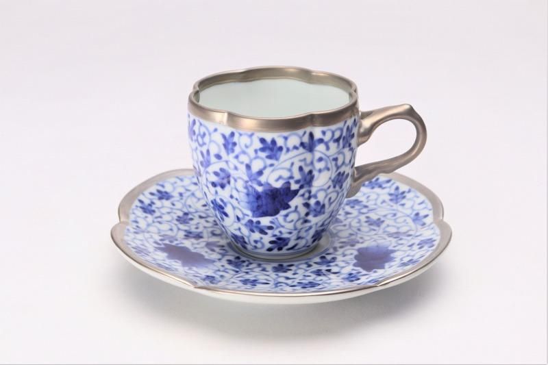 福泉窯 染付華唐草銀彩 瓜型コーヒー碗皿