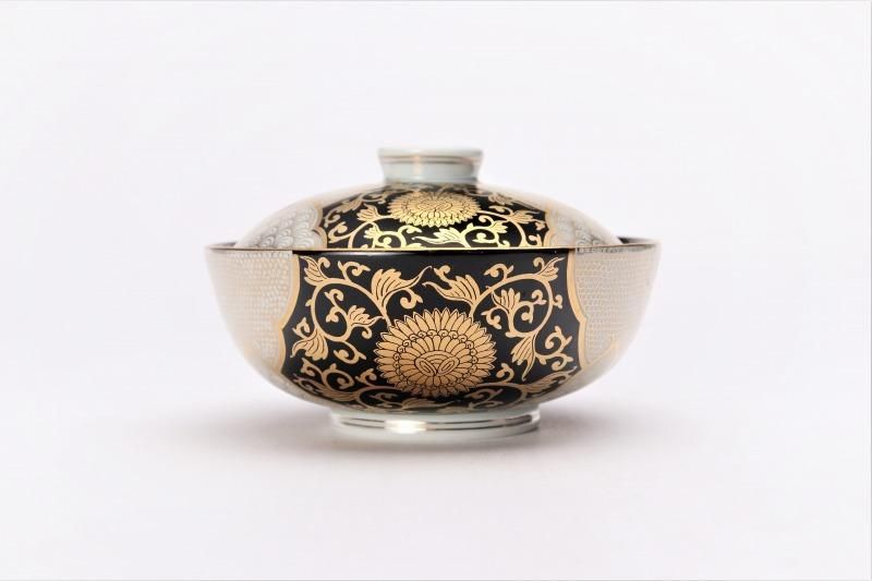 徳幸窯 黒地金彩菊華紋4寸蓋物(5.5寸皿付)