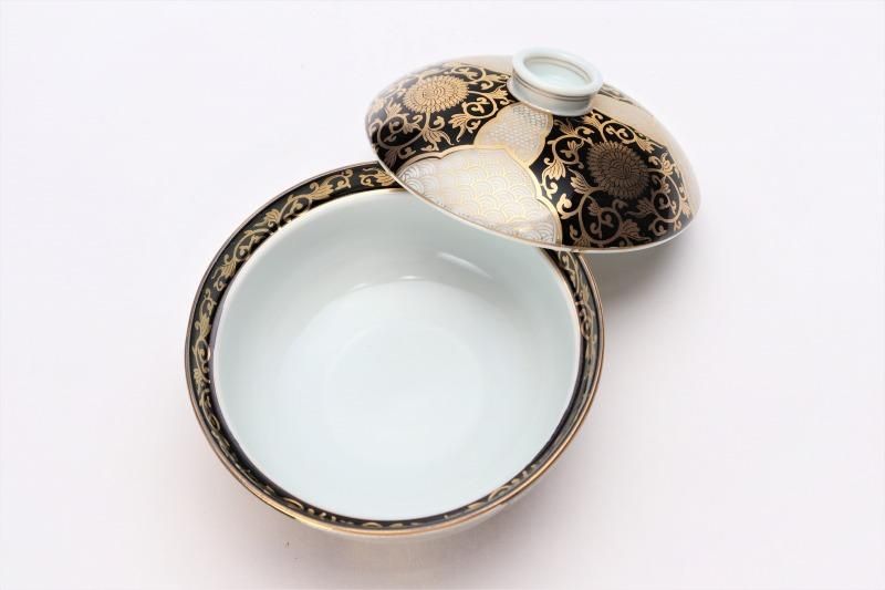 徳幸窯 黒地金彩菊華紋4寸蓋物(5.5寸皿付)