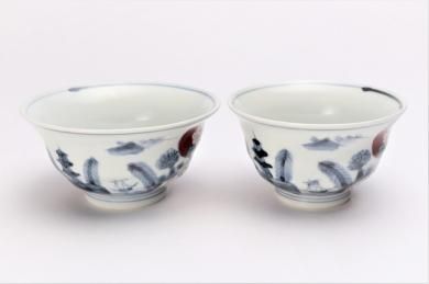 ☆三宅製陶所　カーテン山水　反茶付　ペア