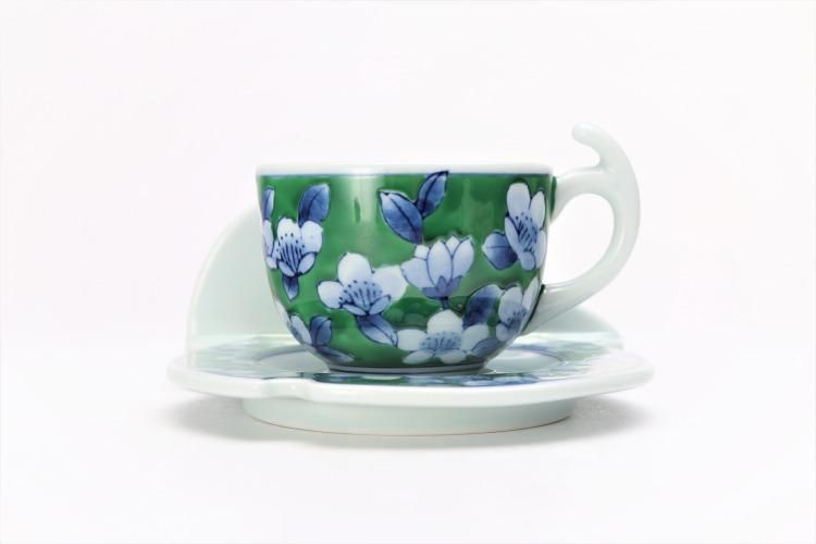 735 有田焼　其泉　染錦　ペイズリー　緑　ソーサー　茶托　7客　未使用 源右衛門窯 染錦丸紋 後手 急須 食器 お茶ポット ティーポット