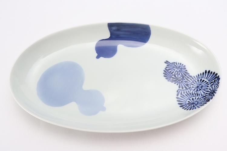 そうた窯 染付三方瓢絵 楕円深皿(中)