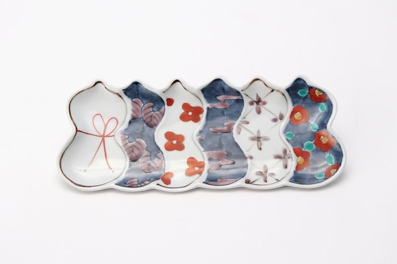 徳七窯 伊万里ひょうたん 六瓢皿(赤)