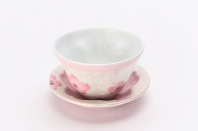 ☆田清窯　薄ピンク釉虹彩桜　桜仙茶(台皿付)