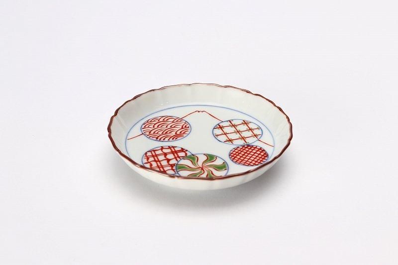 時代物 角富 花草紋 色絵 錦手 小皿 10客 MO70115 与山窯 色絵丸紋地紋富士山図 立渕皿