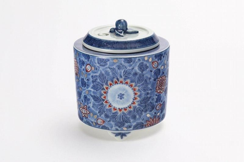 十四代今右衛門作 色絵吹墨墨はじき唐花更紗文香炉