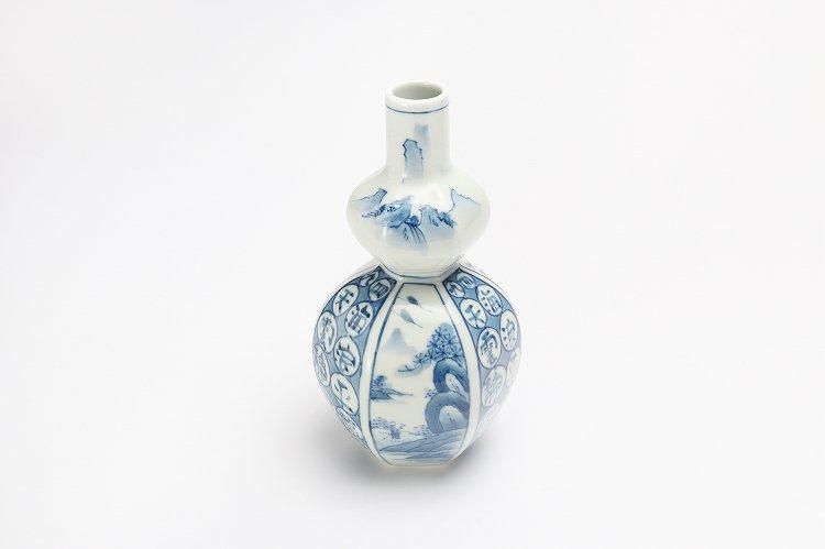 ☆【20％OFF】アウトレット 魯山窯 染付間取山水瓢型花瓶