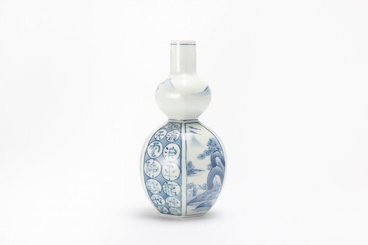☆【20％OFF】アウトレット 魯山窯 染付間取山水瓢型花瓶