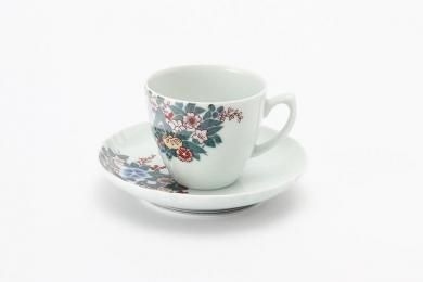 ★十四代今右衛門作　色絵雪花墨色墨はじき四季花文碗皿