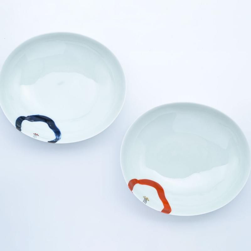 一輪花(青・赤) | 楕円浅ボウル - 有田焼のまるぶんオンライン