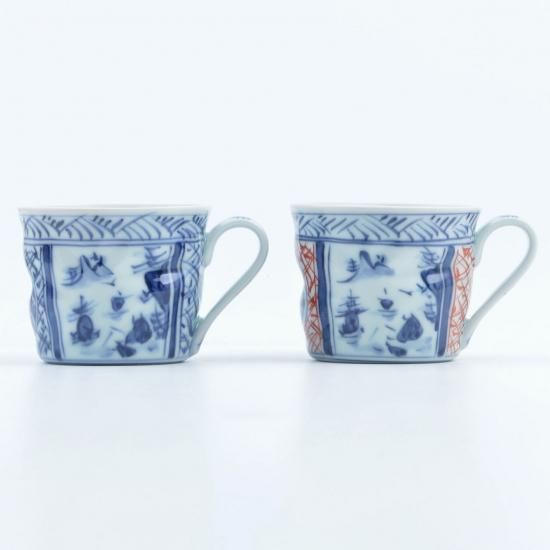 地紋山水 青/赤 マグカップペア | ペアセット - 有田焼のまるぶん