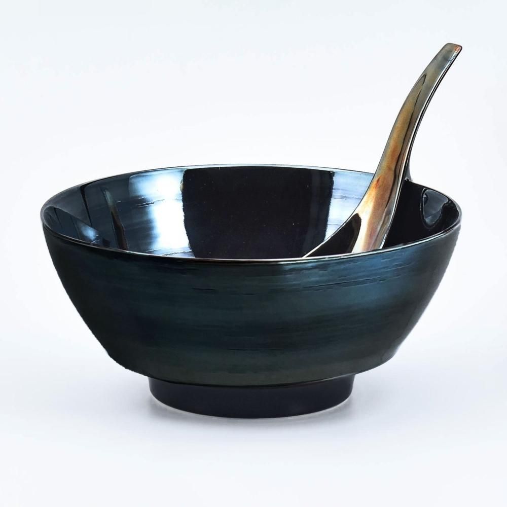 有田焼 原重 「 究極の ラーメン鉢 」 黒真珠柄 (黒・ブラック