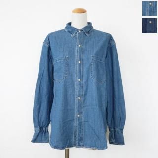 SALE [30%OFF] Le Melange (ルメランジュ) ライト デニムシャツ 5.5oz オーバーサイズ ギャザー 長袖 8443202 返品不可