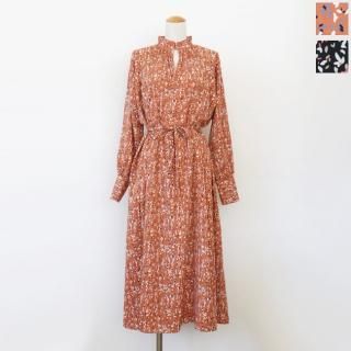 BRAHMIN (ブラーミン) ロング ワンピース デシンプリント フリルカラー 長袖 リボンベルト付 B60652 ◇