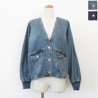 パシオーネ PASSIONE ノーカラー Vネック デニムジャケット エクリュ PASSIONE (パシオーネ) デニムジャケット Vネック リブ ドルマン